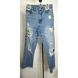 Refuge Distressed High Waisted Straight Leg Jeans - Light Wash Frayed Hem Sz 5
